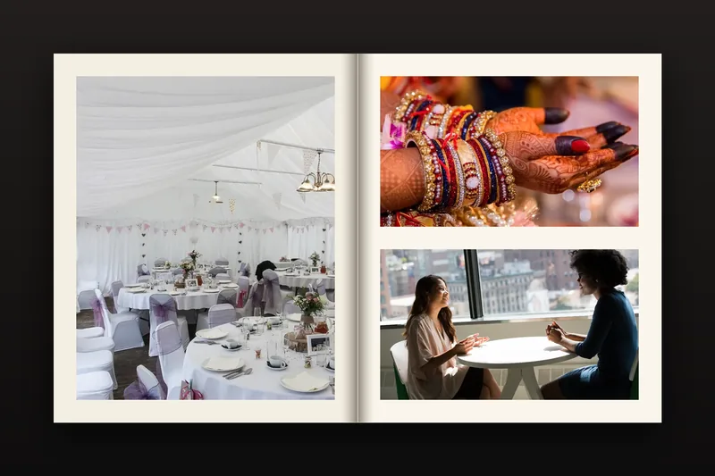 An open photo album spread with a large photo on the left page and two photos on the right page