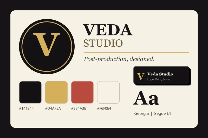 A brand board with a gold monogram logo, colour swatches, type specimen and business card