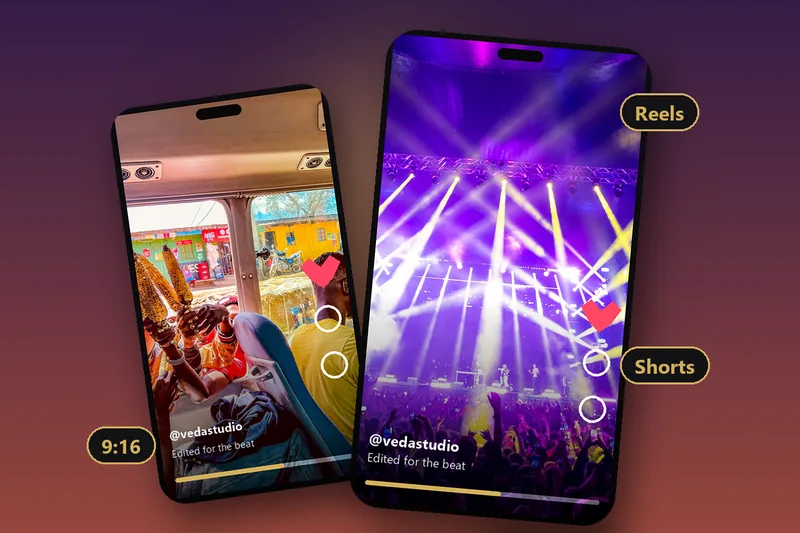 Two phones showing vertical reel edits of a market scene and a concert